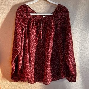 Womens Old Navy Peasant Style Blouse Long Sleeve Maroon & Rose Floral Dressy